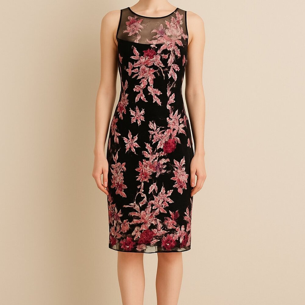 White House Black Market Black Mesh Floral Embroidered Dress 90s Inspired‎